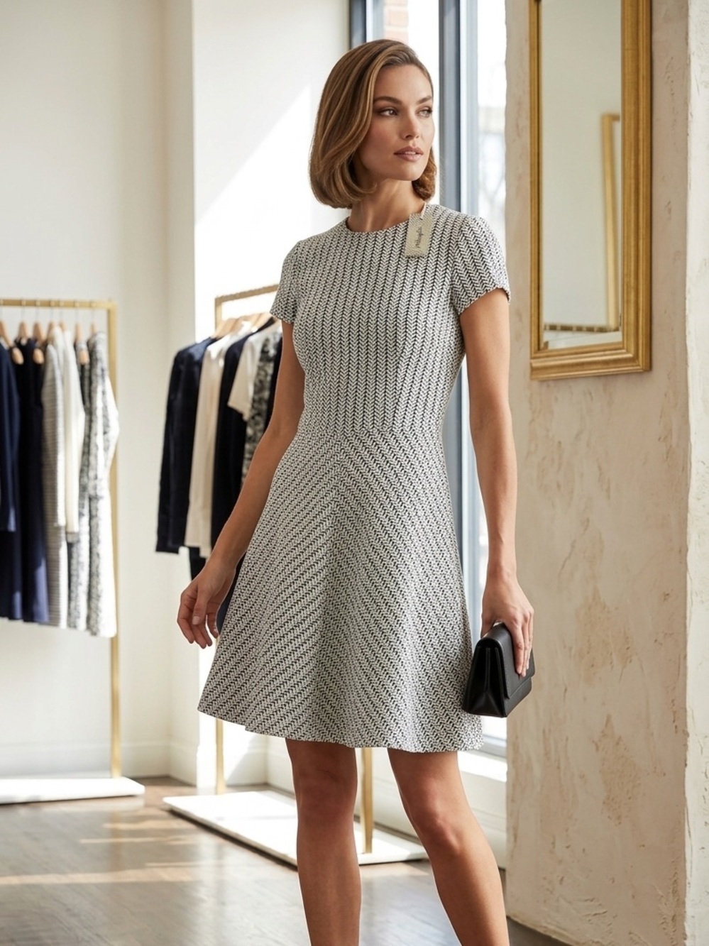 J. McLaughlin Black and White Chevron Fit-and-Flare Mini Dress